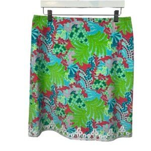 Lily Pulitzer Fabric Green Gecko Cordurouy Lace Trimmed Skirt Size 12